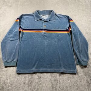 Vintage Lightning Bolt Velour Polo Shirt Mens Medium‎ Blue Long Sleeve READ